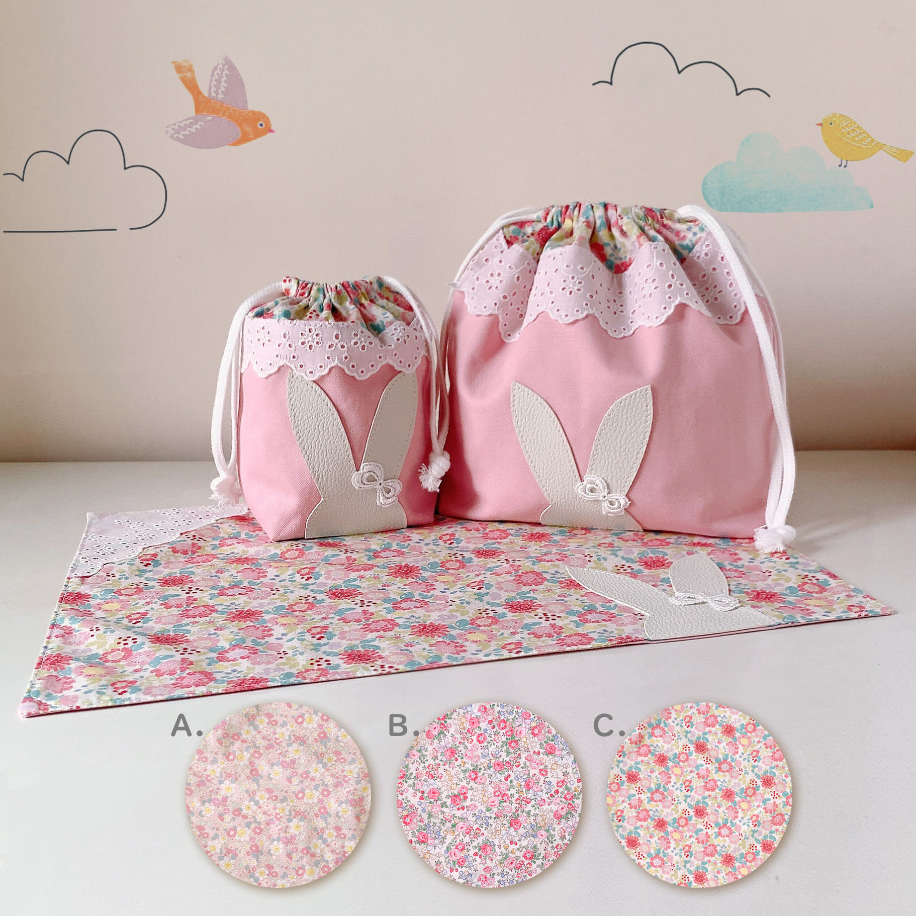 【新作】はっ水オックス＊ウサギ＊入園入学3点セット＊コップ袋・お弁当袋・ランチョンマット＊名前入り可 4,150円