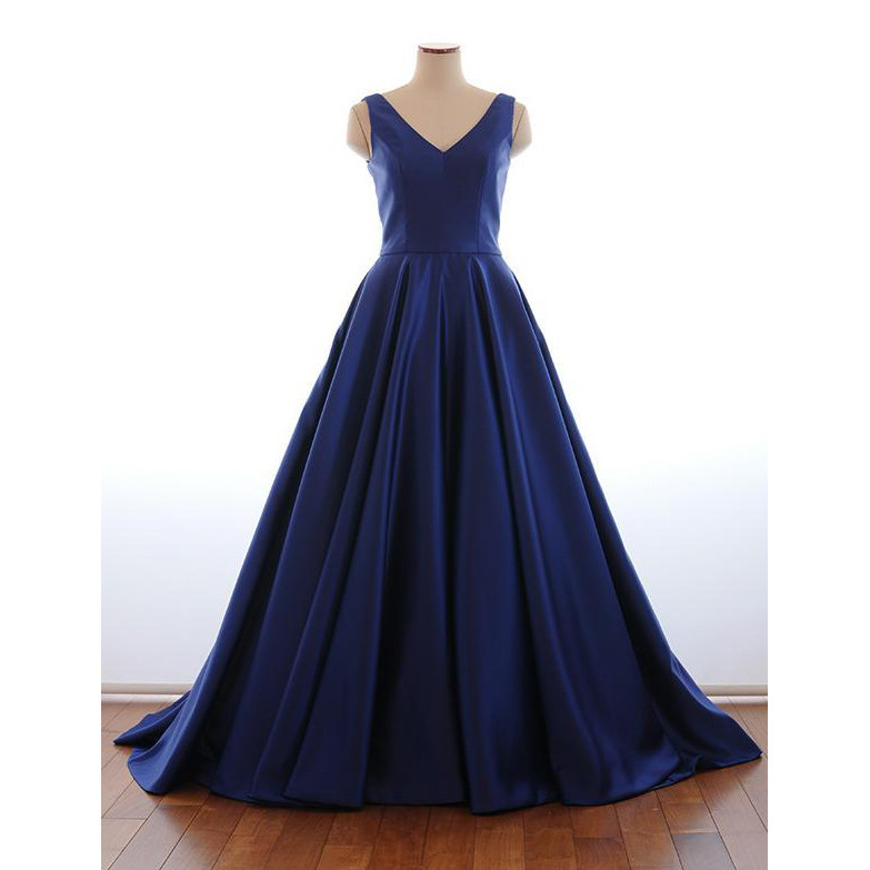 カラードレス ネイビーカラーのVネックAラインドレス 9号 日本製  パーティー 演奏会 フォトウエディング【S150】