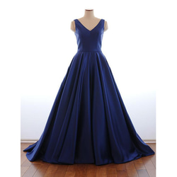 カラードレス ネイビーカラーのVネックAラインドレス 9号 日本製【S150】