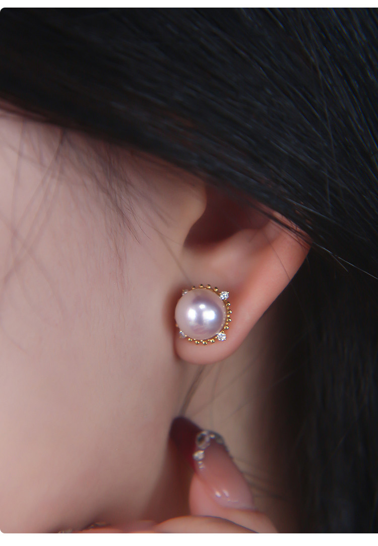 [ヘイズジュエリー] 8-9.5mm 日本製アコヤ真珠ピアス、天然ラウンド、強い光、18Kゴールド、惑星シリーズデザイン