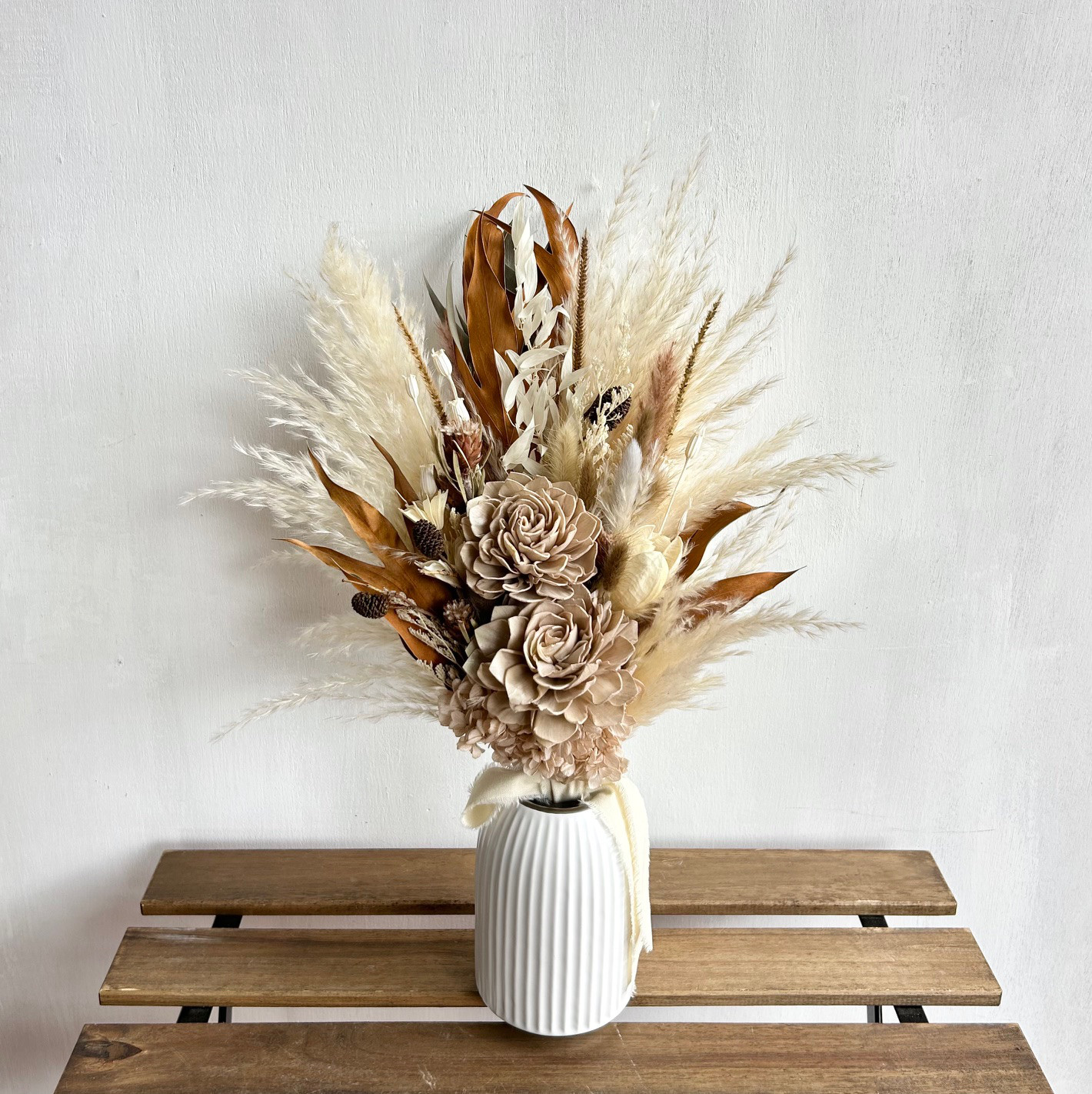 ドライフラワーブーケとフラワーベースセット/パンパスグラス・ソーラーダリア