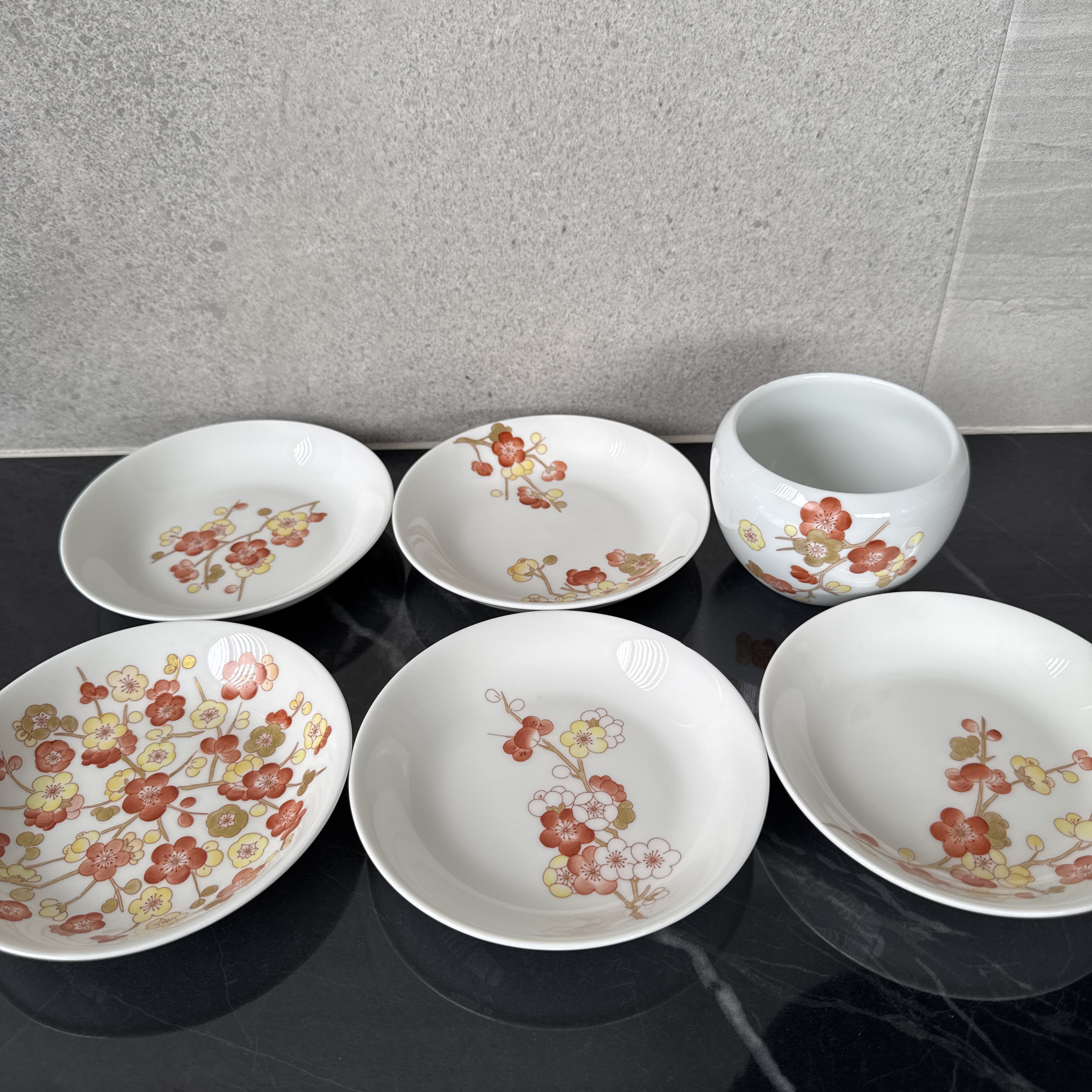 【新品/未使用】手描き、ポーセラーツ/小皿5枚、湯呑み1個 【新品/未使用】手描き、ポーセラーツ/小皿5枚、湯呑み1個
