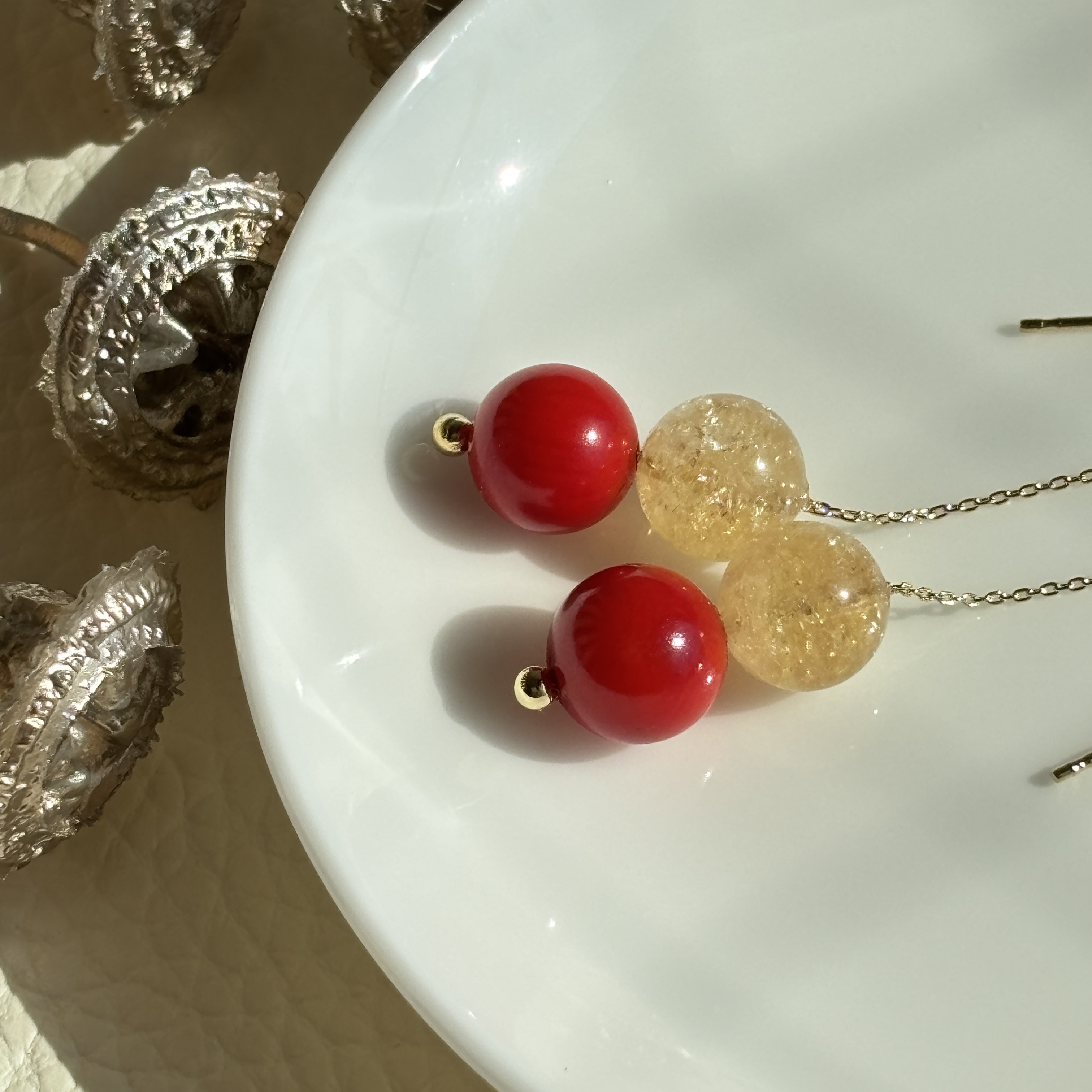 赤珊瑚×天然シトリンのピアス～富と繁栄の象徴、海と太陽の煌めき