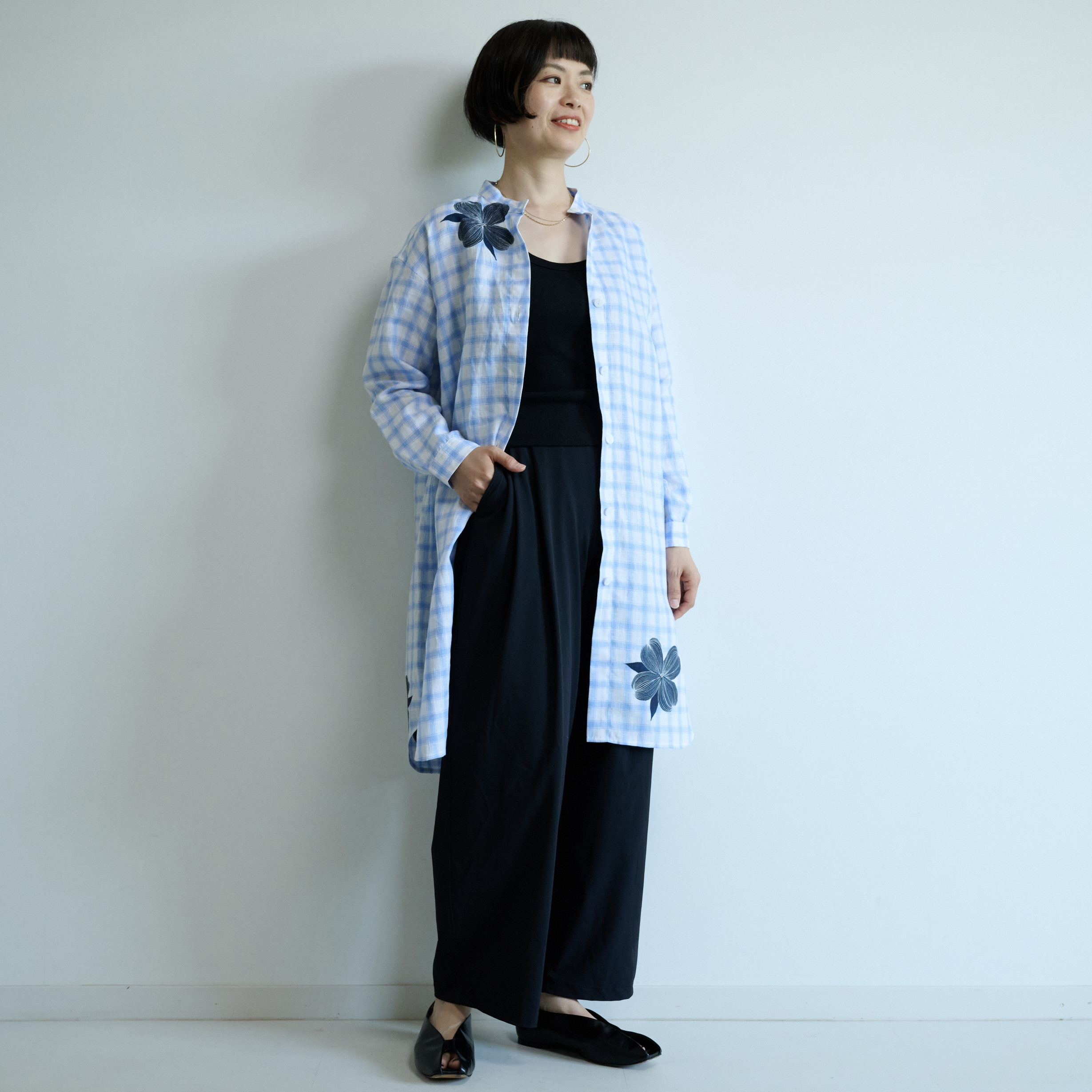 チェックリネン・チュニックシャツ　ハナミズキ
