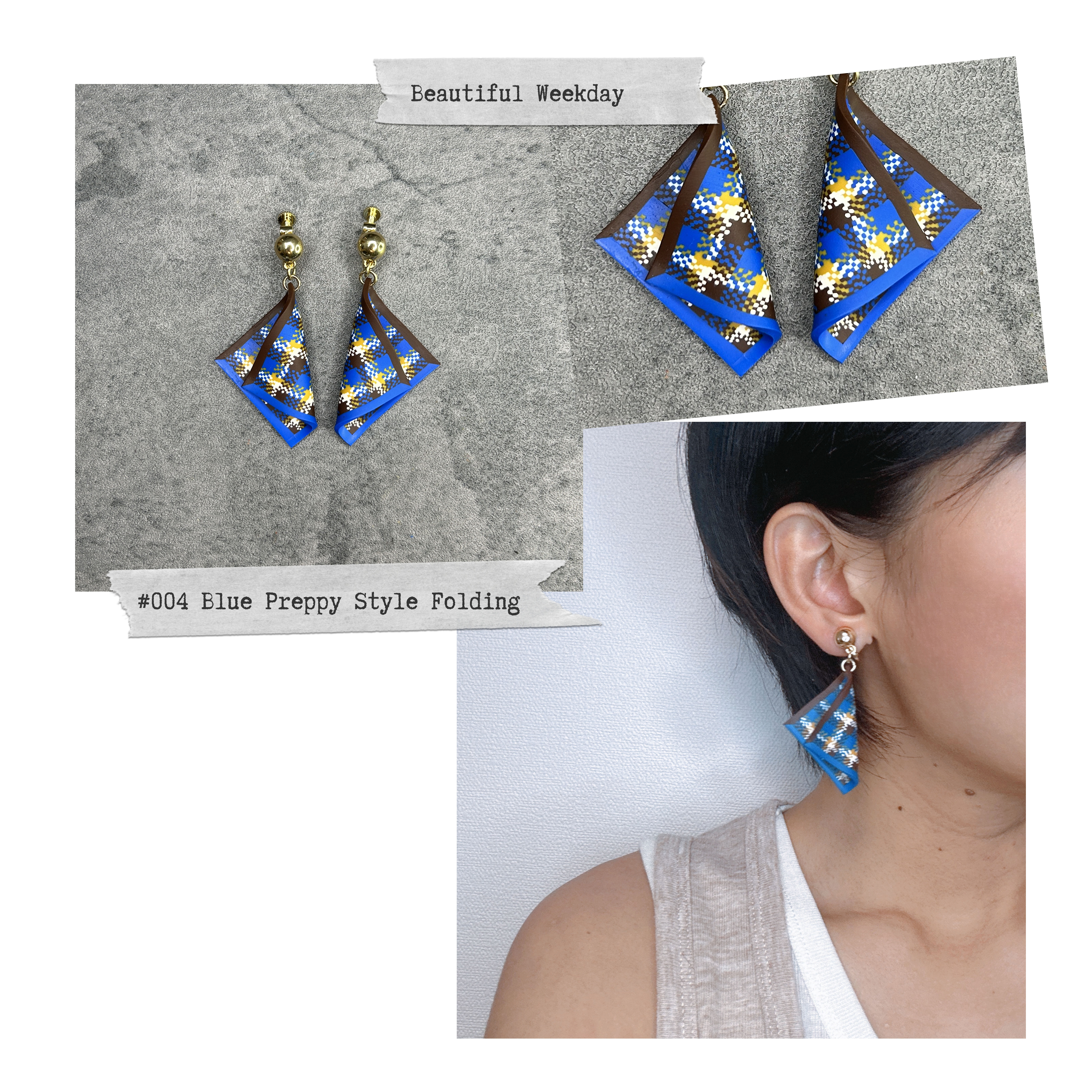 イギリス風チェック柄　ハンドメイド樹脂粘土ピアス・イアリング/ブルー