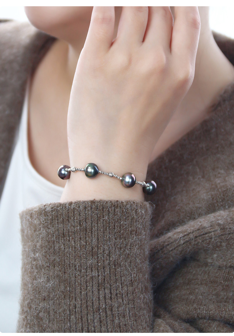 [ヘイズジュエリー] 9-11mm タヒチ黒蝶真珠バロックブレスレット 18Kゴールド 星空デザイン 天然海水真珠 調節可能なテ