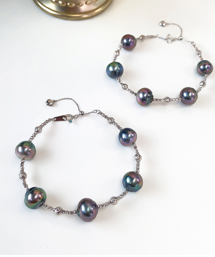 [ヘイズジュエリー] 9-11mm タヒチ黒蝶真珠バロックブレスレット 18Kゴールド 星空デザイン 天然海水真珠 調節可能なテ