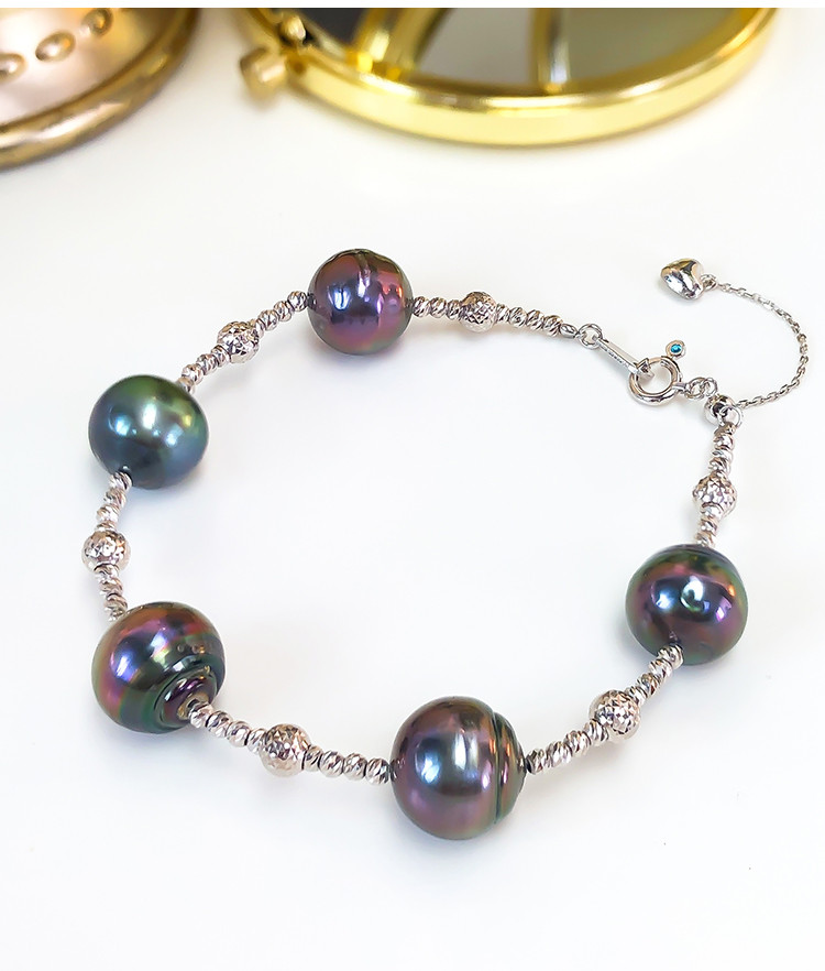 [ヘイズジュエリー] 9-11mm タヒチ黒蝶真珠バロックブレスレット 18Kゴールド 星空デザイン 天然海水真珠 調節可能なテ