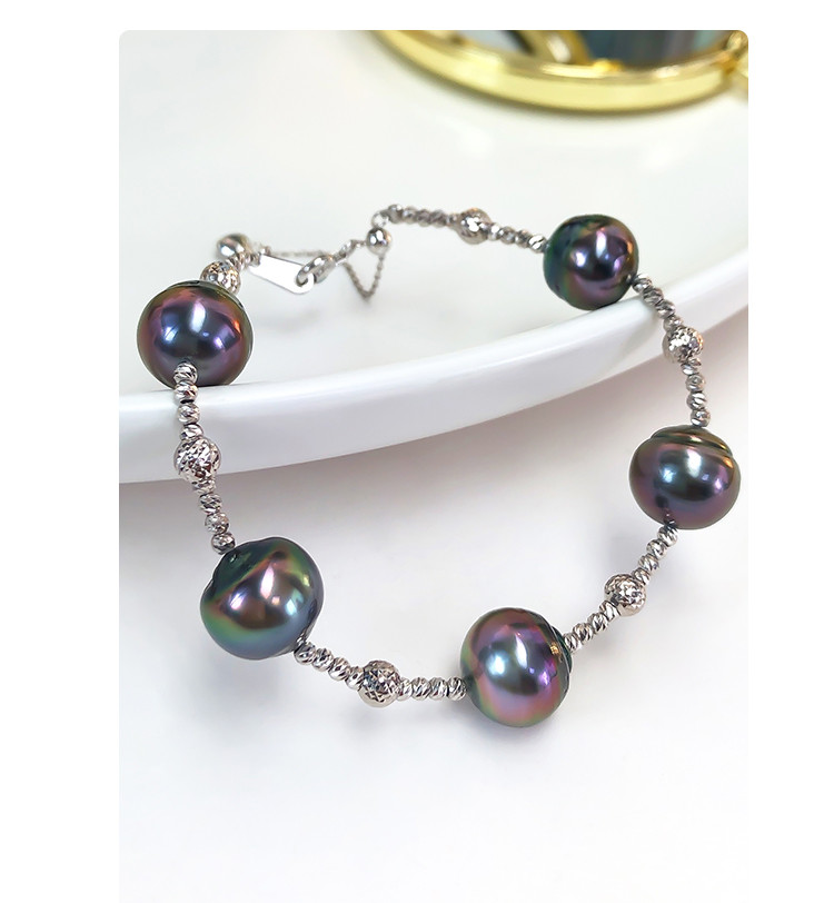 [ヘイズジュエリー] 9-11mm タヒチ黒蝶真珠バロックブレスレット 18Kゴールド 星空デザイン 天然海水真珠 調節可能なテ