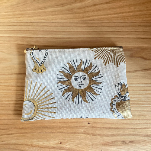 0707サイズオーダ作品】フランス製生地 ゴールドの太陽 フラットポーチ