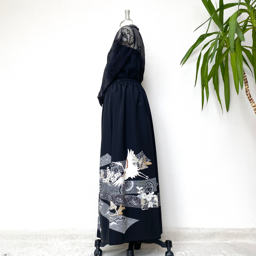 大人可愛いセレブ着物スカートフリーサイズ黒留袖着物リメイクウエスト