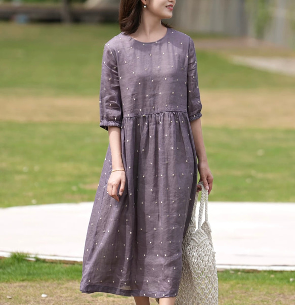 キュートな刺繡ドット　リラックスのワンピース　ポケット付き　裏地付き【春夏秋】グレイッシュラベンダー 10枚目の画像