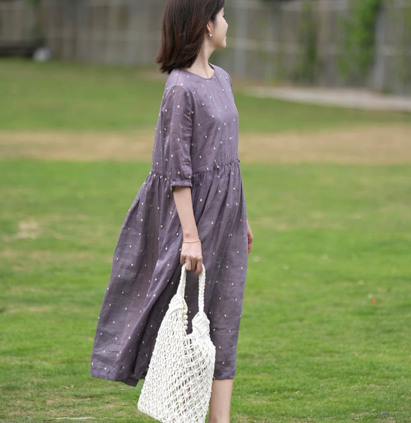 キュートな刺繡ドット　リラックスのワンピース　ポケット付き　裏地付き【春夏秋】グレイッシュラベンダー 9枚目の画像