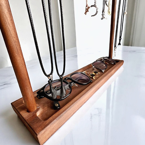 18フック トレイ付きネックレススタンド 木製ネックレスディスプレイ