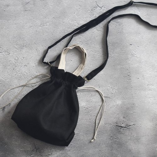 黒リネンの2way巾着ミニバッグshort/ショルダーバッグ 巾着バッグ