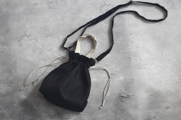 黒リネンの2way巾着ミニバッグshort/ショルダーバッグ 巾着バッグ