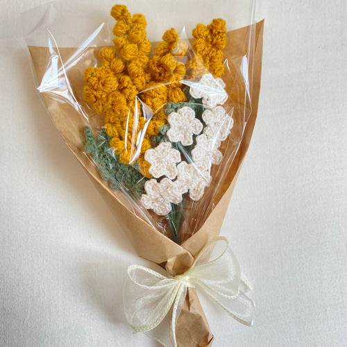 ミモザ 小花 花束 編み物 枯れない花 お祝い プレゼント ブーケ