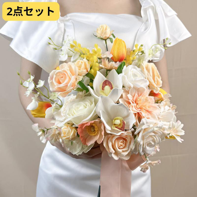 【2点セット】★ミモザ×バラのふんわりナチュラルブーケ＆ブートニア★前撮りにも◎