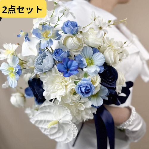 花かんむり♡リストブーケセット 青♡水色♡白 花かんむり♡リストブーケセット 青♡水色♡白 - ヘア