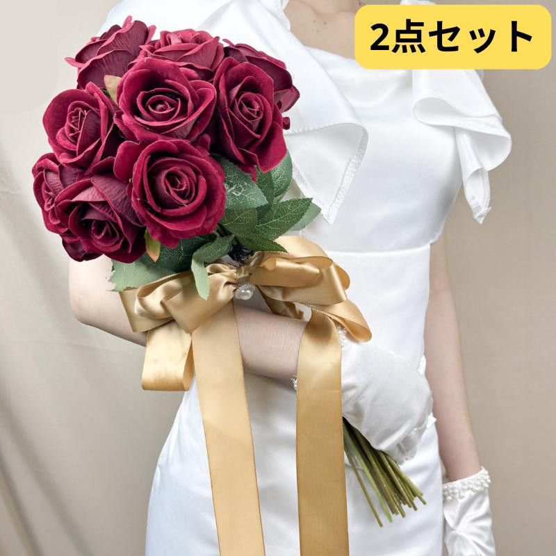 【花嫁必見】2点セット赤バラのウェディングブーケ＆胸元コサージュ♪髪飾り追加OK