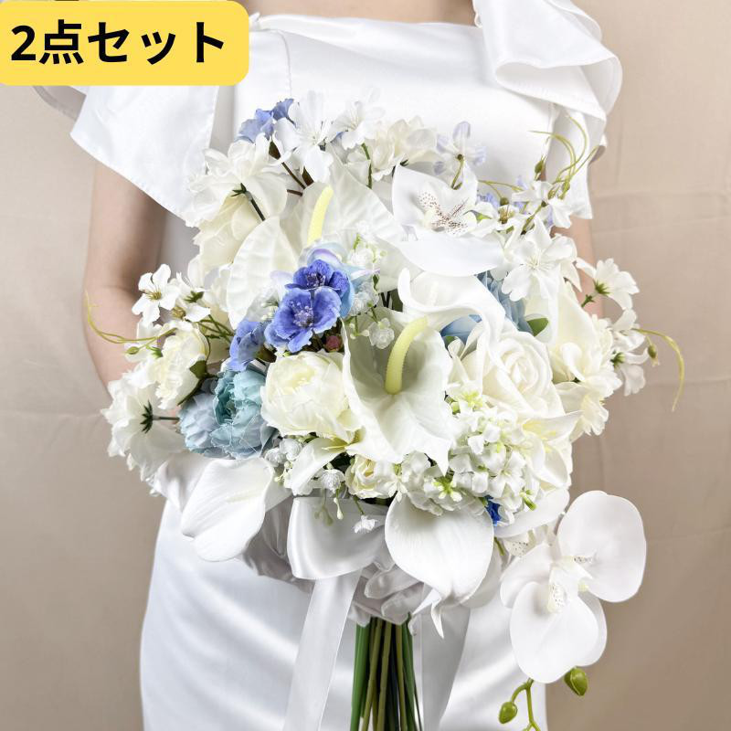【2点セット】上品ホワイトブーケ＆ブートニア♪清楚で洗練された大人ウェディングに