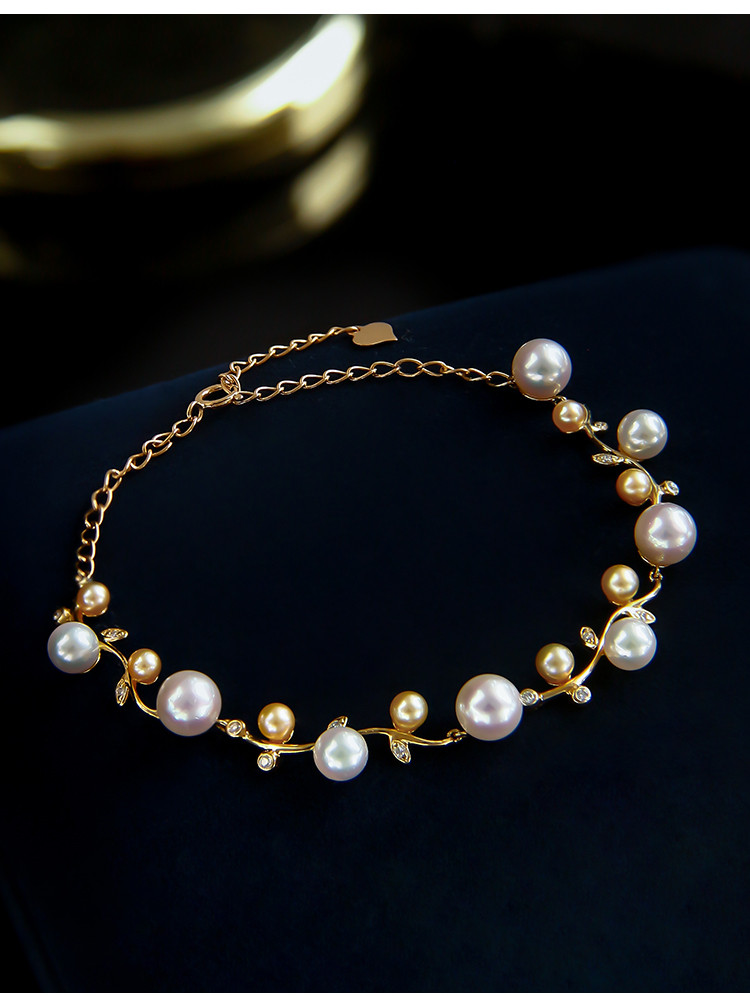 [ヘイズジュエリー] 3-6mm 日本製アコヤ天珠ブレスレット ライトゴールド 18Kゴールド 蔓にダイヤモンドを象嵌したデザイ