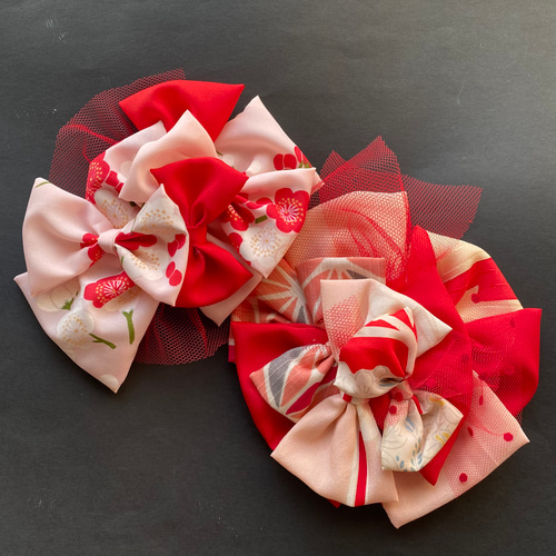 赤 ピンク ヘアアクセサリー リボン髪飾り 七五三 和柄リボン m9