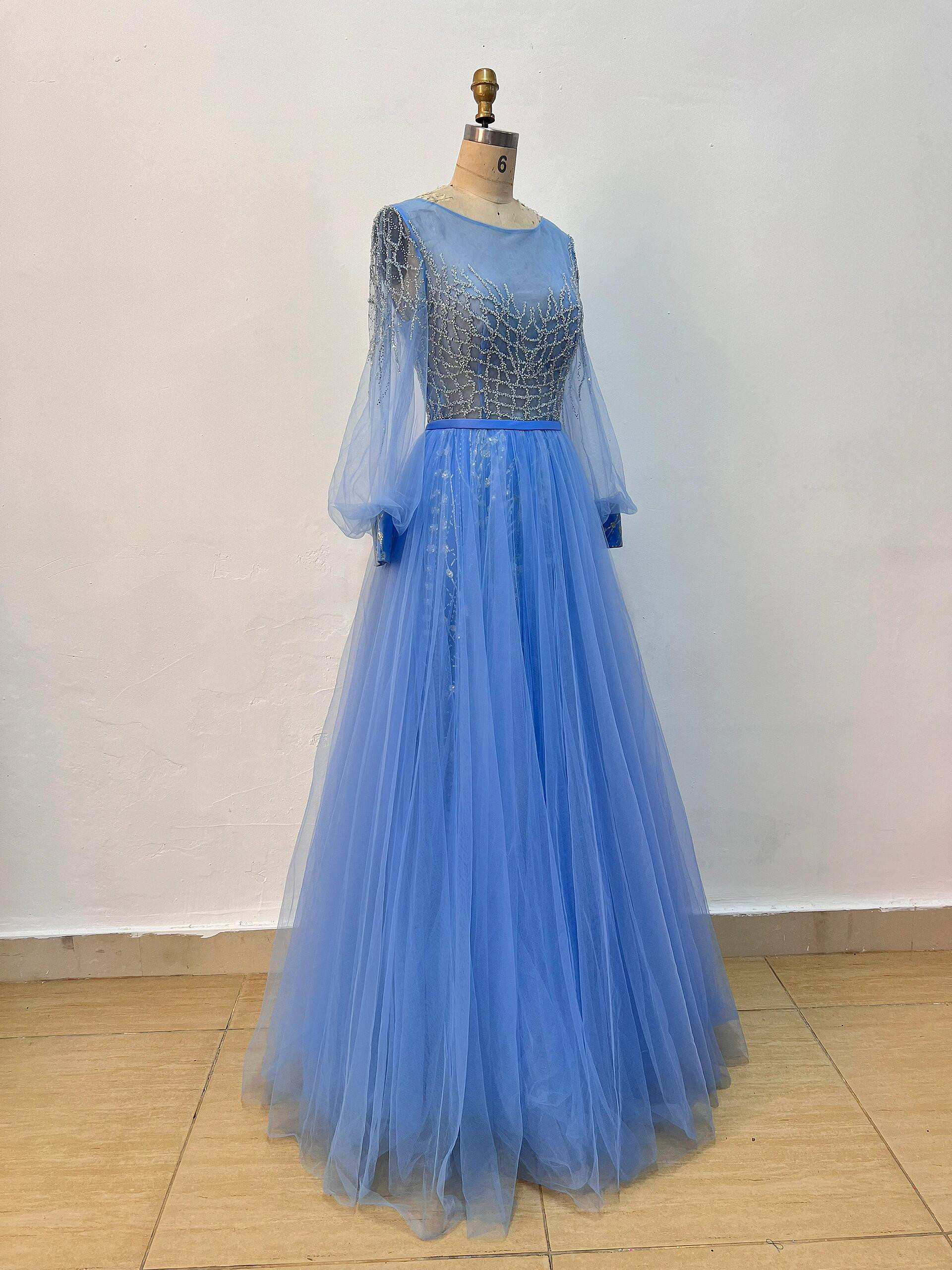 顧客満足度99％以上　ファスナー　ブルー　Aライン　エレガントなシルエット　可愛い　優雅　長袖　音楽会演奏会発表会ステー