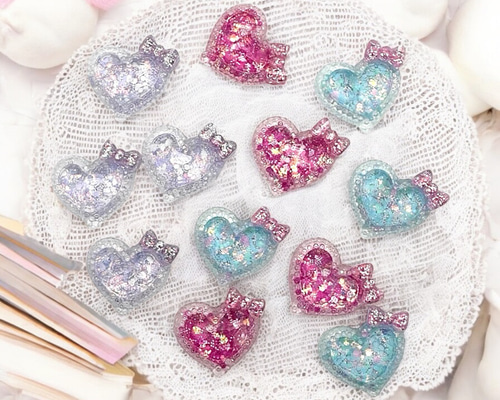 キラキラハート型アクリルパーツ♡リボン付き 同色4個 手芸 材料 pt
