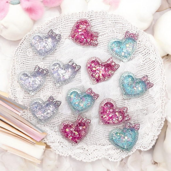 キラキラハート型アクリルパーツ♡リボン付き 同色4個 手芸 材料 pt