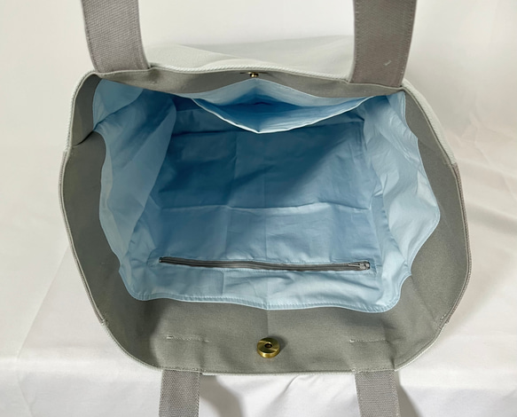 【縦長XLサイズ】水色　グレー　倉敷帆布使用　バッグ　akaneko  肩掛けトートバッグ　大きめバッグ 5枚目の画像