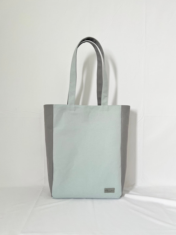 【縦長XLサイズ】水色　グレー　倉敷帆布使用　バッグ　akaneko  肩掛けトートバッグ　大きめバッグ 3枚目の画像