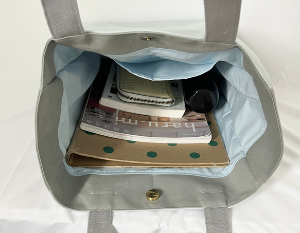 【縦長XLサイズ】水色　グレー　倉敷帆布使用　バッグ　akaneko  肩掛けトートバッグ　大きめバッグ 10枚目の画像