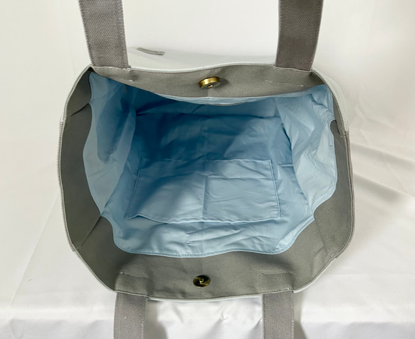 【縦長XLサイズ】水色　グレー　倉敷帆布使用　バッグ　akaneko  肩掛けトートバッグ　大きめバッグ 6枚目の画像