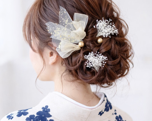かすみ草 チュールリボン ベージュ ゴールド ヘアピンセット お呼ばれ