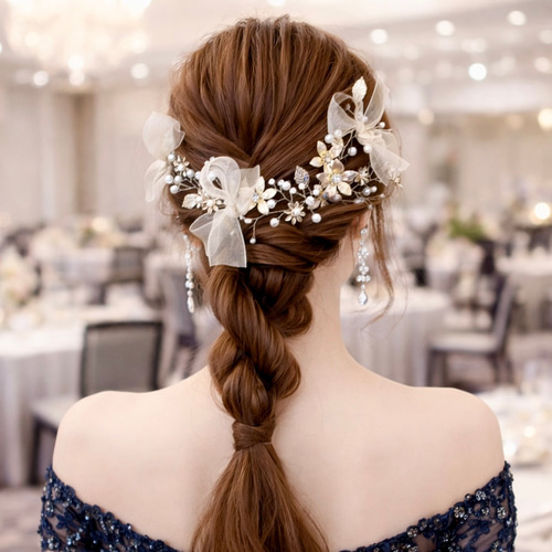 かすみ草 チュールリボン ベージュ ゴールド ヘアピンセット お呼ばれ