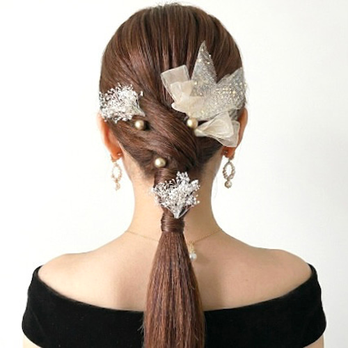 かすみ草 チュールリボン ベージュ ゴールド ヘアピンセット お呼ばれ