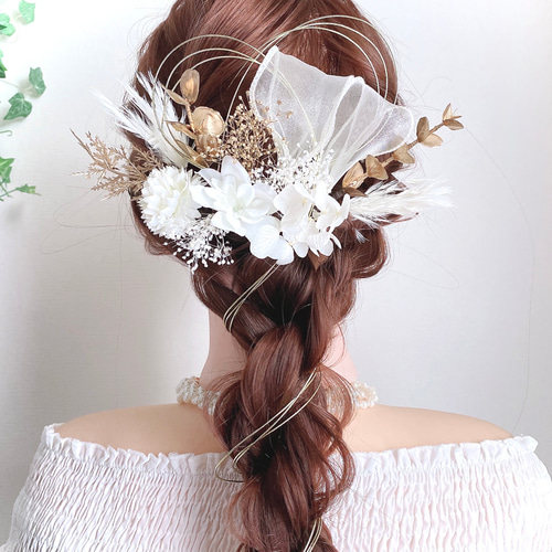 かすみ草&リボンの髪飾り かすみ草とオーガンジーリボンのヘッドドレス/ヘアアクセサリー