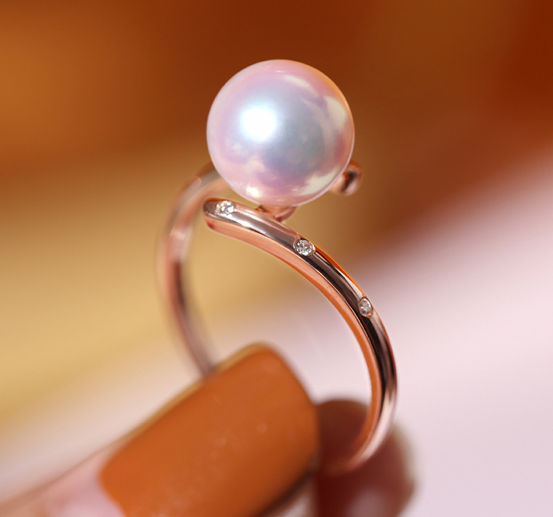 海斯珠寶】天女級8-8.4mm日本Akoya珍珠戒指18K玫瑰金鑽石鑲嵌天然海水