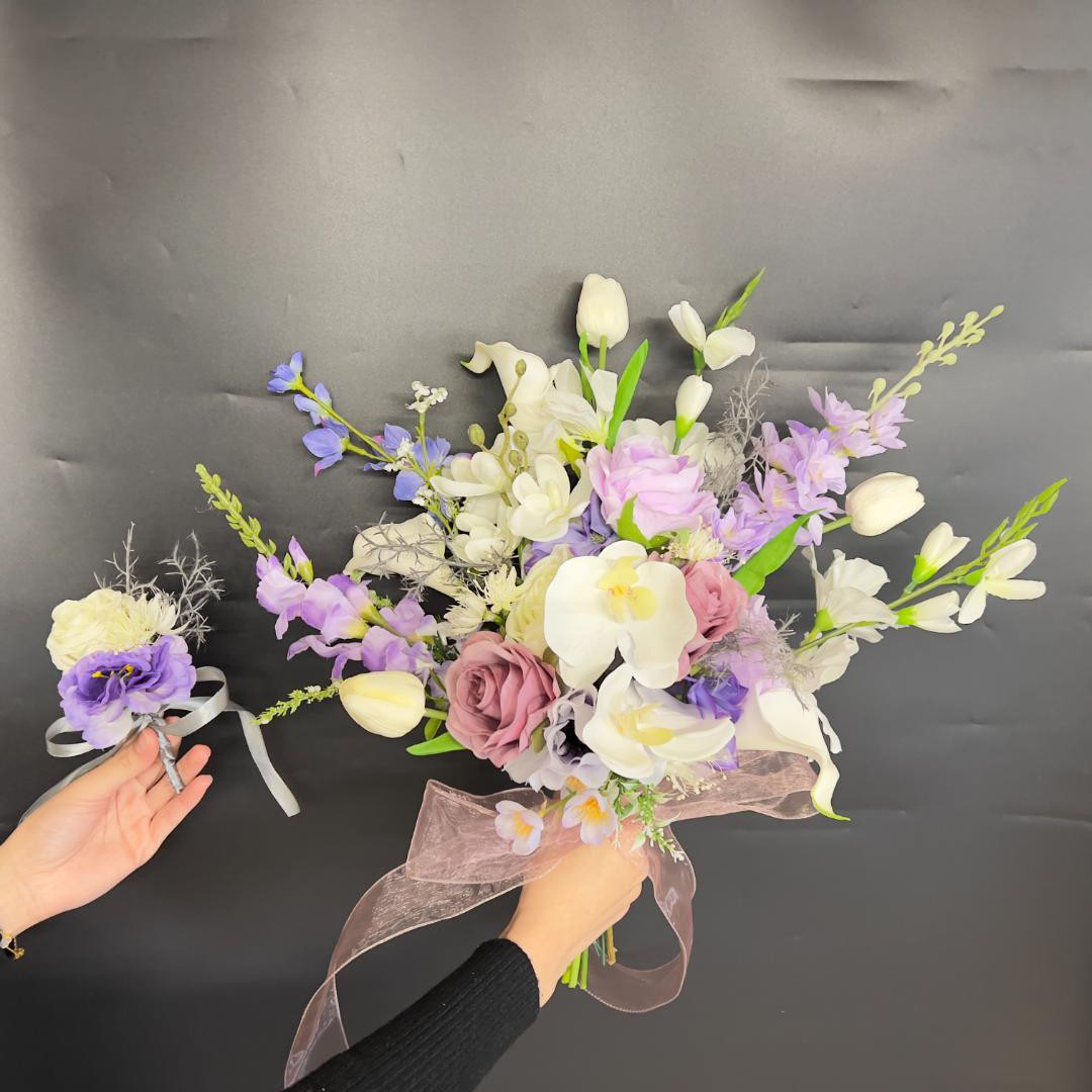 2点セット　高級　アーティフィシャルフラワーブーケ　胡蝶蘭ローズ　紫ホワイト 9,185円