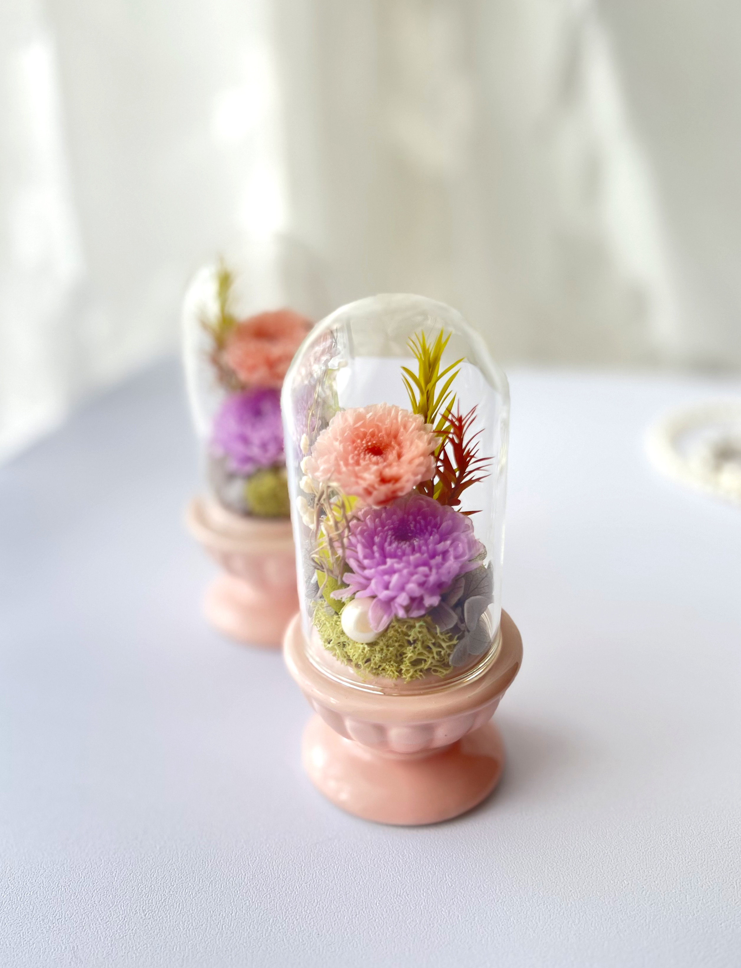 ガラスドームフラワー　お供え花　1対（2個セット）仏花プリザーブドフラワー【ピンク】