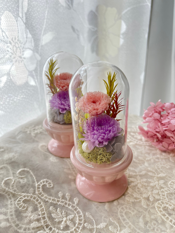 仏花プリザーブドフラワー対ガラスドーム入り アートフォーシーズン 仏花 プリザーブドフラワー お供え 1対