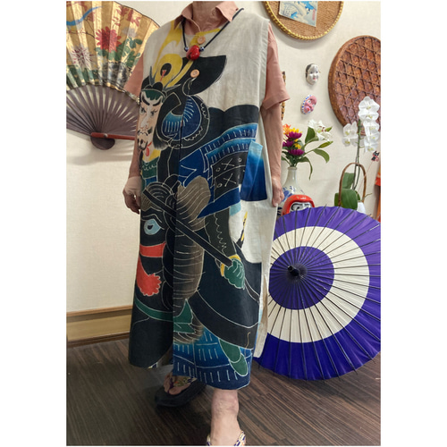 のぼり旗の前開きロングベスト 古布リメイク ベスト 着物リメイク 順子