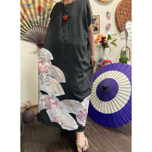 着物リメイクワンピース 留袖ドレス 黒留袖 花車 正倉院 結婚式