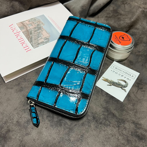 実物一枚革　クロコダイル　ラウンドファスナー 本革　手染め手作り　長財布　人気 一枚革 クロコダイル財布 ラウンドファスナー ワニ革 鰐革/本革 手染め