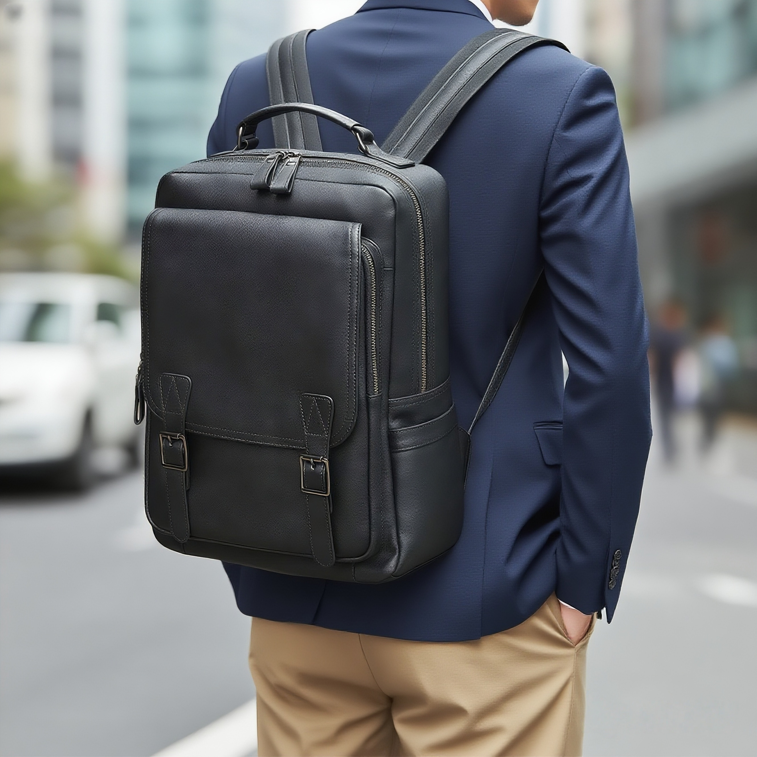 ビジネス通勤にぴったり！｜上質な厚手天然軟牛革リュック｜牛革ビジネスリュック｜大容量｜