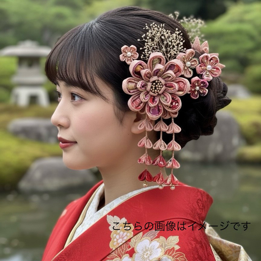 髪飾り 成人式 つまみ細工髪飾りピンクベージュのつまみ細工  大振り髪飾りセット 卒業式  結婚式