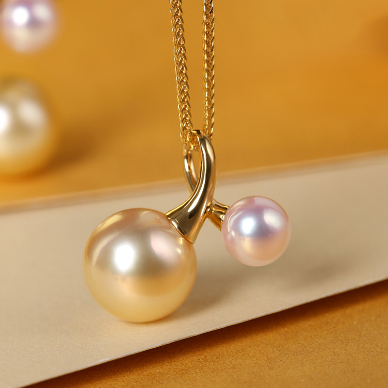 [ヘイズジュエリー] ダブルビーズデザイン 6-10mm 南洋ゴールドビーズ x 日本製アコヤ天珠真珠ネックレス 天然海水真珠ペ