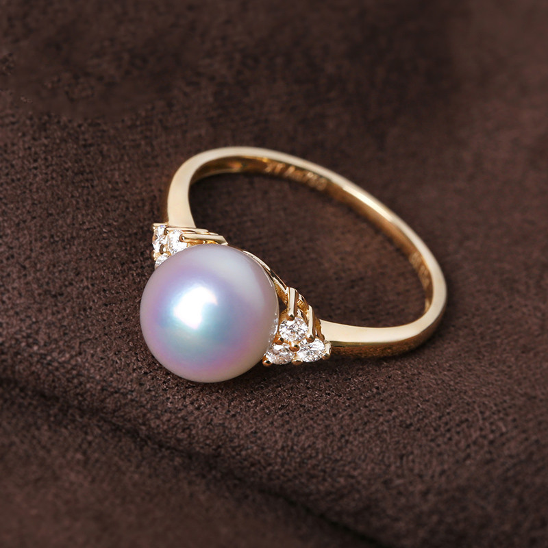 [ヘイズジュエリー] 日本製天珠グレード8.5-8.9mmアコヤ海水真珠リング クラシックで万能な18Kゴールドダイヤモンドラウ
