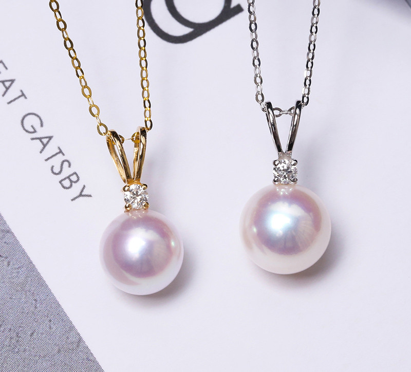 [ヘイズジュエリー]オーロラエンジェルグレード8-9.5mmアコヤ天然海水ラウンドパールペンダントネックレス18Kゴールドダイヤ